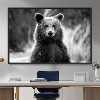 MGV-FC-36X24 - Grizzly Bear Wall Art Canvas Print, Framed Black White Bear Art Picture Print, Wild Bear Perfect Rustic Wildlife Decor Artwork