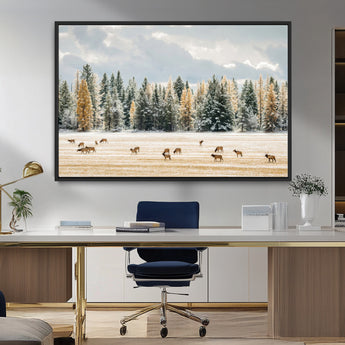 64188182-MGV-FC-36X24_Black-Elk Herd Wall Art Canvas Print, Framed Snowy Forest Art Picture Print, Forest Elks Perfect Neutral Rustic Decor Artwork