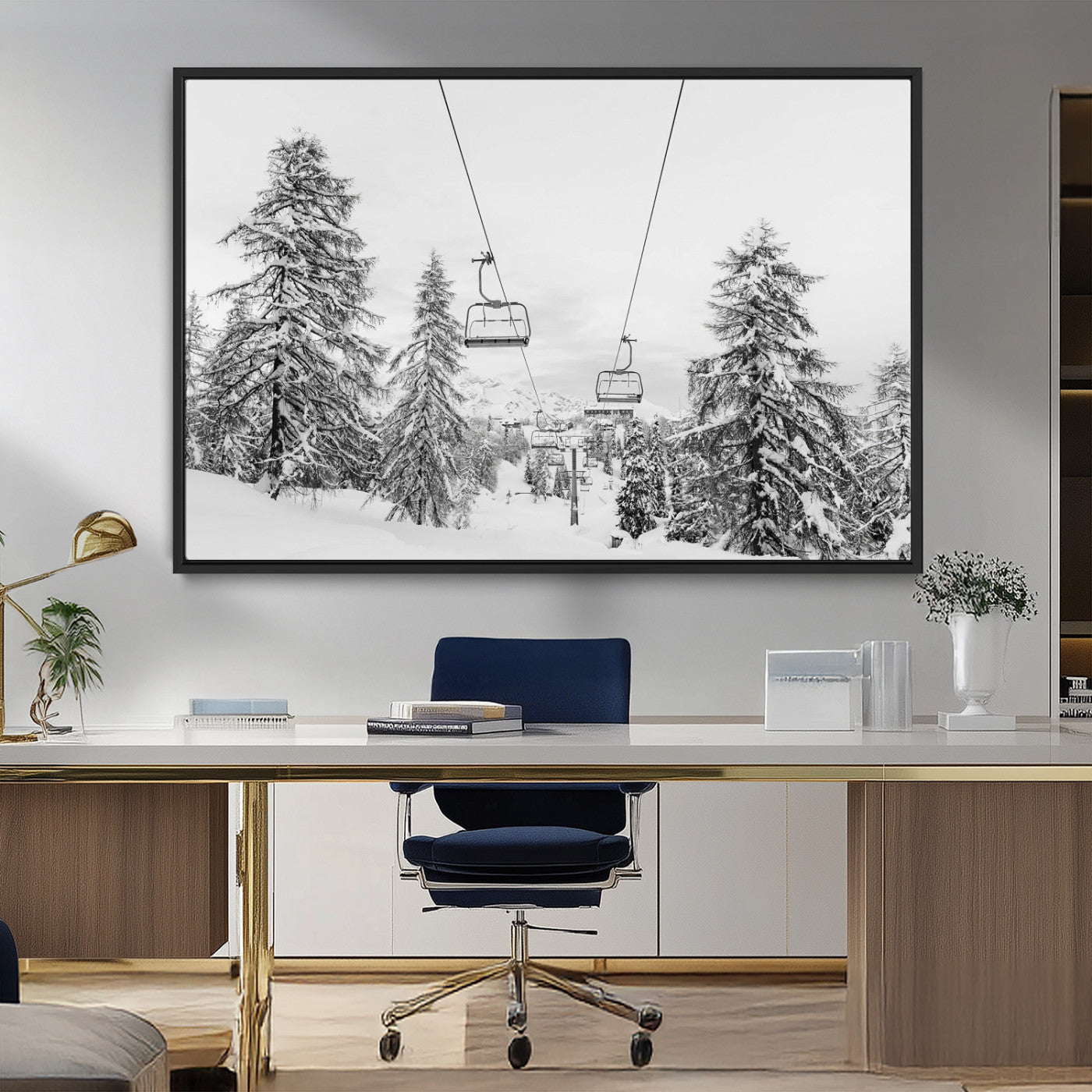 55003599-MGV-CV-36X24-Snowy Ski Lift Wall Art Canvas Print, Framed Winter Forest Art Picture Print, Ski lift Ride Perfect Winter Lodge Decor Artwork