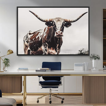 95249234-MGV-FC-36X24_Black-Texas Longhorn Wall Art Canvas Print, Framed Spotted Bull Art Picture Print, Horned Cattle Perfect Rustic Farmhouse Decor Artwork