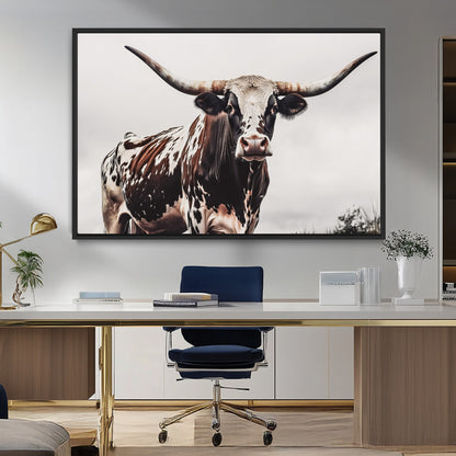 95249234-MGV-FC-36X24_Black-Texas Longhorn Wall Art Canvas Print, Framed Spotted Bull Art Picture Print, Horned Cattle Perfect Rustic Farmhouse Decor Artwork