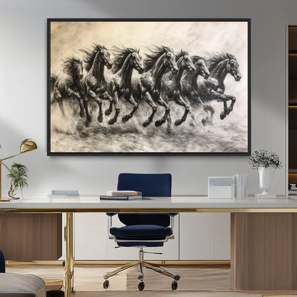 56089591-MGV-CV-36X24-Galloping Horses Wall Art Canvas Print, Framed Wild Stallions Art Picture Print, Horse Herd Sketch Perfect Monochrome Dynamic