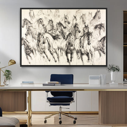 19433417-MGV-FC-36X24_Black-Running Horses Wall Art Canvas Print, Framed Horse Sketch Art Picture Print, Galloping Herd Perfect Monochrome Western Decor