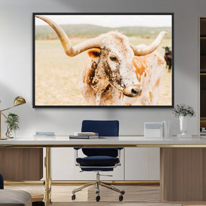 21060648-MGV-CV-36X24-Texas Longhorn Wall Art Canvas Print, Framed Speckled Cow Art Picture Print, Rustic Bull Perfect Rustic Western Decor Artwork