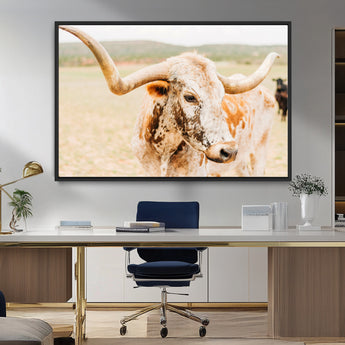 21060648-MGV-CV-36X24-Texas Longhorn Wall Art Canvas Print, Framed Speckled Cow Art Picture Print, Rustic Bull Perfect Rustic Western Decor Artwork