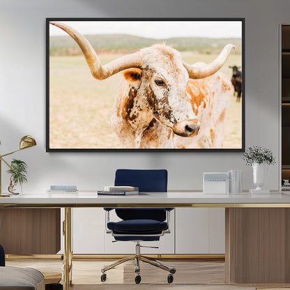 21060648-MGV-CV-36X24-Texas Longhorn Wall Art Canvas Print, Framed Speckled Cow Art Picture Print, Rustic Bull Perfect Rustic Western Decor Artwork