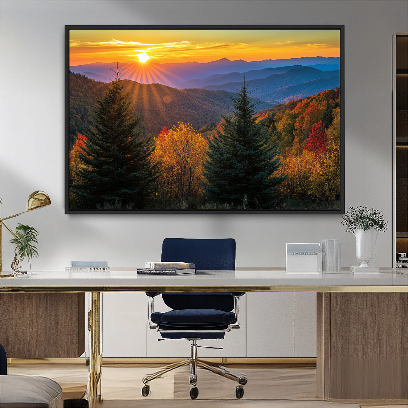 36964931-MGV-CV-36X24-Autumn Mountains Wall Art Canvas Print, Framed Sunset Glow Forest Art Picture Print, Golden Trees Perfect Vibrant Nature Decor