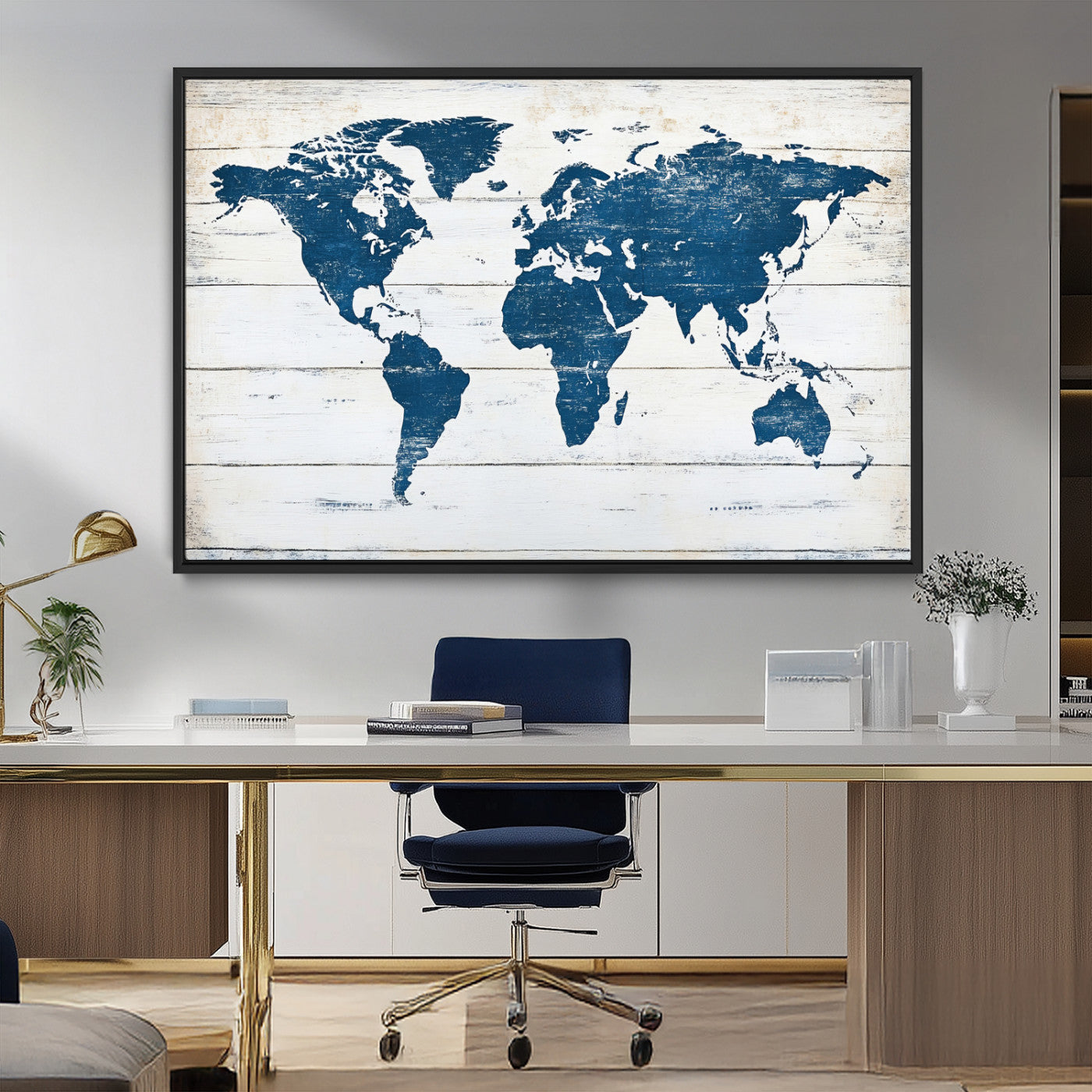 54107201-MGV-FC-36X24_Black-World Map Wall Art Canvas Print, Framed Rustic Atlas Art Picture Print, Wooden Map Perfect Vintage Decor Artwork for Home, Living