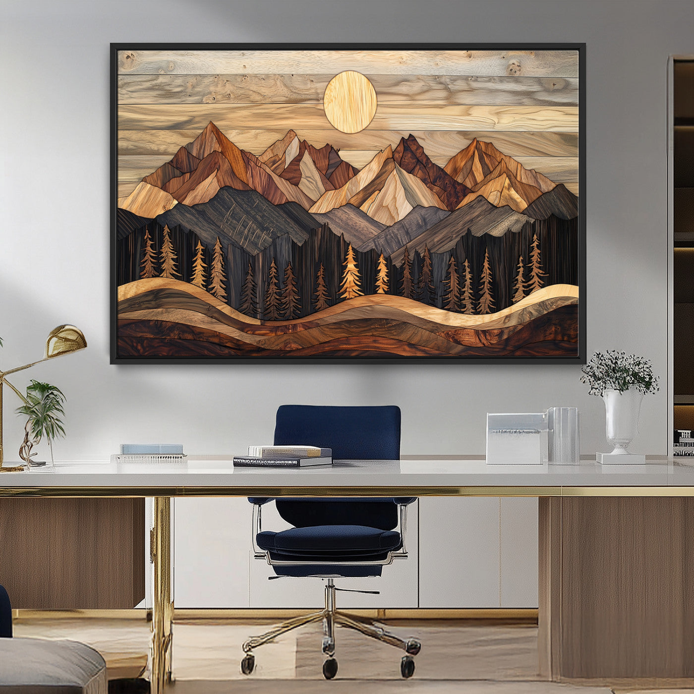 50100230-MGV-FC-36X24_Black-Wooden Mountain Wall Art – Rustic Nature Landscape Canvas Print, Handmade Style Sun, Forest, and Peaks Artwork for Living Room,