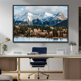 36247746-MGV-FC-36X24_Black-Snowy Peaks Wall Art Canvas Print, Framed Alpine Lake Art Picture Print, Pine Forest Perfect Alpine Wilderness Decor Artwork