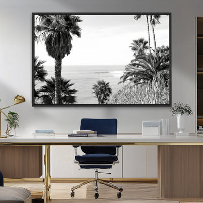 89458520-MGV-CV-36X24-Palm Trees Wall Art Canvas Print, Framed Coastal View Art Picture Print, Ocean Horizon Perfect Monochrome Coast Decor Artwork