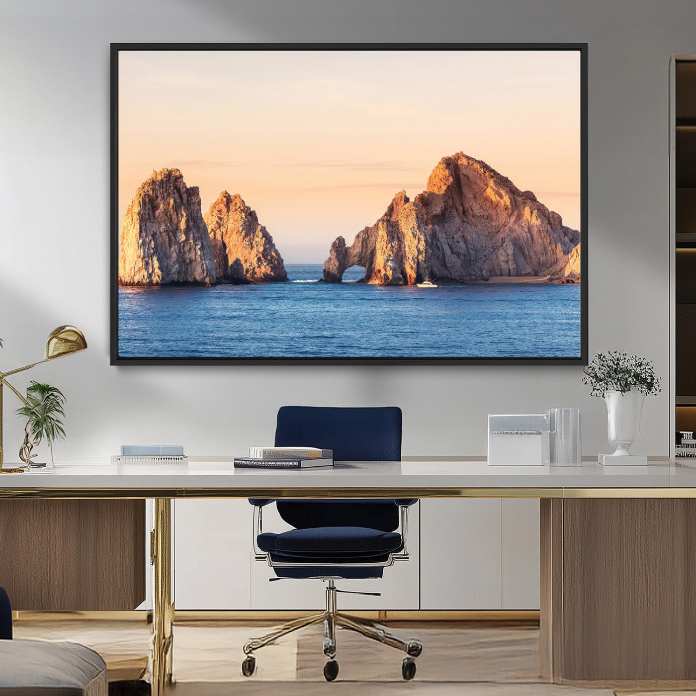 72996116-MGV-FC-36X24_Black-El Arco Wall Art Canvas Print, Framed Cabo Rocks Art Picture Print, Ocean Arch Perfect Golden Coastal Landmark Decor Artwork