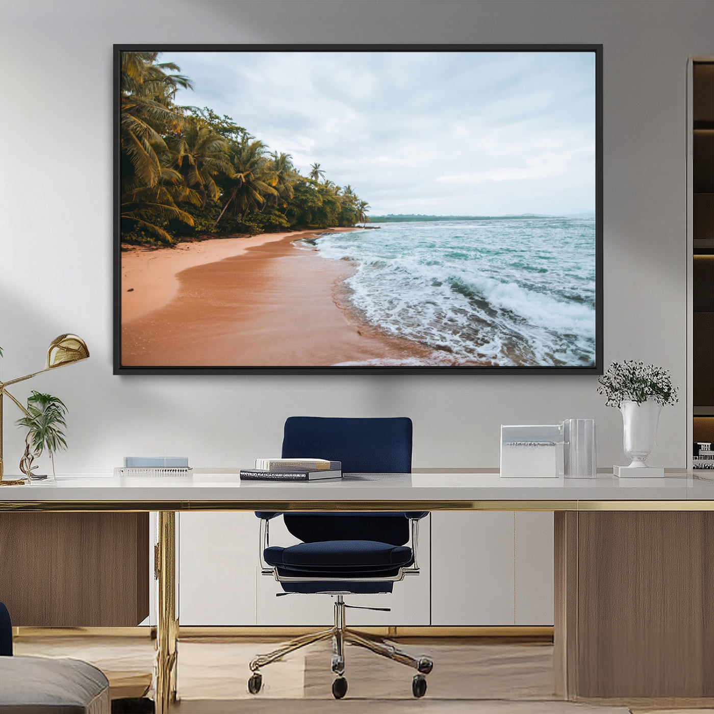 88125882-MGV-FC-36X24_Black-Tropical Shoreline Wall Art Canvas Print, Framed Palm Trees Art Picture Print, Tropical Ocean Perfect Tropical Coastal Decor