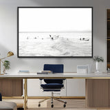 33449548-MGV-CV-36X24-Group Surfers Wall Art Canvas Print, Framed Ocean Wave Art Picture Print, Surf Crowd Perfect Monochrome Surf Decor Artwork
