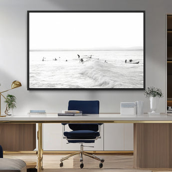 33449548-MGV-CV-36X24-Group Surfers Wall Art Canvas Print, Framed Ocean Wave Art Picture Print, Surf Crowd Perfect Monochrome Surf Decor Artwork