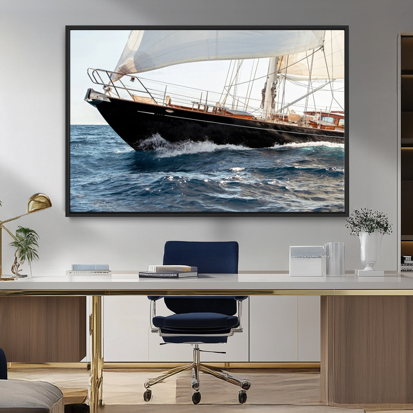 97168626-MGV-FC-36X24_Black-Sailing Yacht Wall Art Canvas Print, Framed Wooden Yacht Art Picture Print, Ocean Waves Perfect Nautical Coastal Decor Artwork