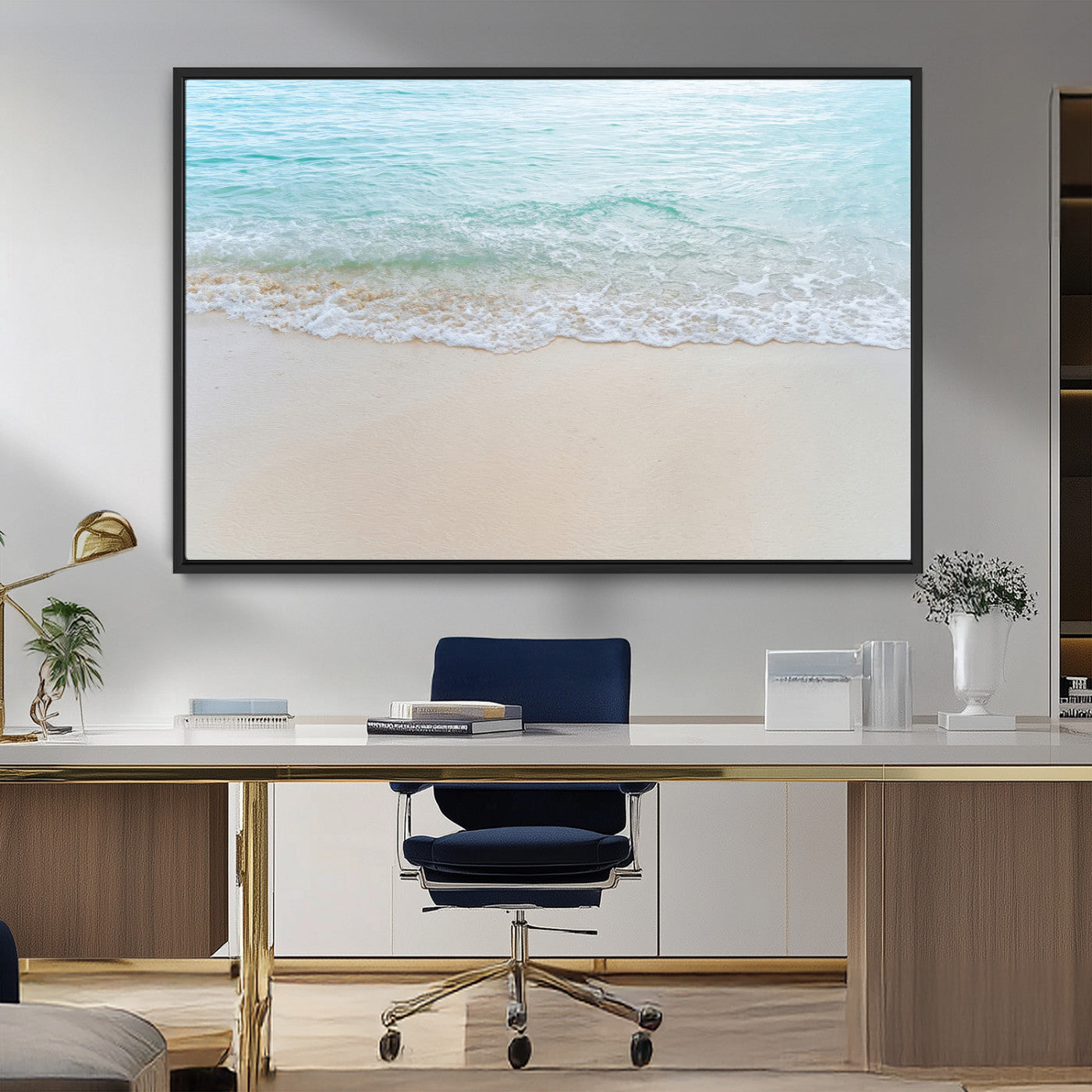 77194056-MGV-FC-36X24_Black-Soft Shoreline Wall Art Canvas Print, Framed Gentle Waves Art Picture Print, Clear Water Perfect Minimalist Coastal Decor Artwork