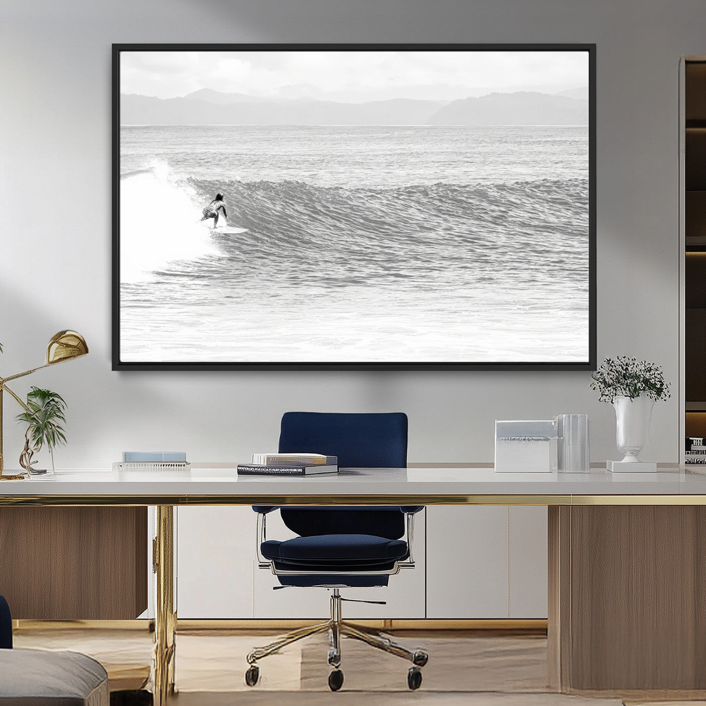 81535128-MGV-FC-36X24_Black-Surfer Woman Wall Art Canvas Print, Framed Black Ocean Art Picture Print, Ocean Surfing Perfect Monochrome Coastal Decor Artwork