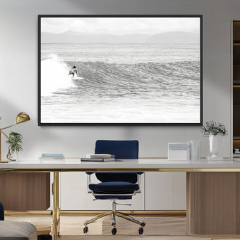 81535128-MGV-FC-36X24_Black-Surfer Woman Wall Art Canvas Print, Framed Black Ocean Art Picture Print, Ocean Surfing Perfect Monochrome Coastal Decor Artwork