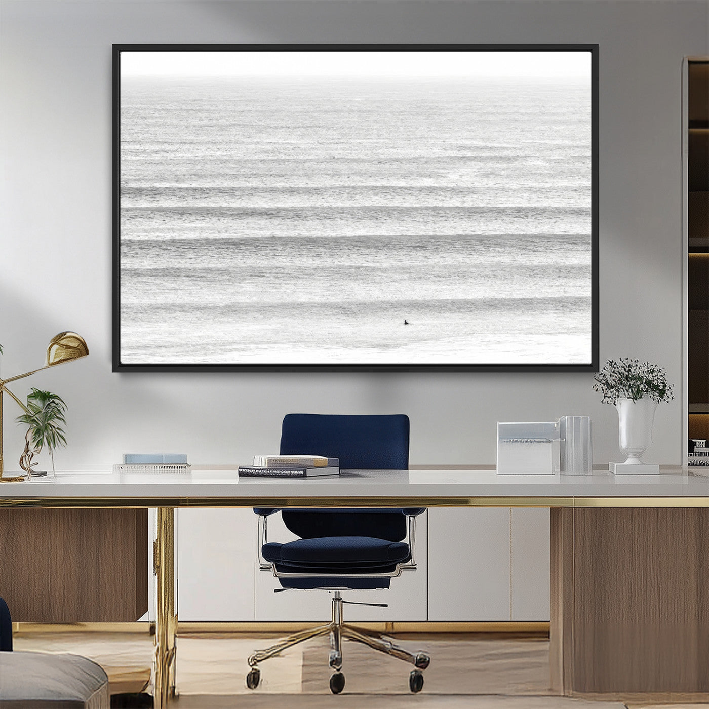 66534476-MGV-FC-36X24_Black-Lone Surfer Wall Art Canvas Print, Framed Ocean Waves Art Picture Print, Minimal Sea Perfect Minimal Coastal Decor Artwork