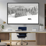 68081143-MGV-FC-36X24_Black-Snowy Bison Wall Art Canvas Print, Framed Winter Forest Art Picture Print, Lone Bison Perfect Monochrome Winter Wild Decor Artwork