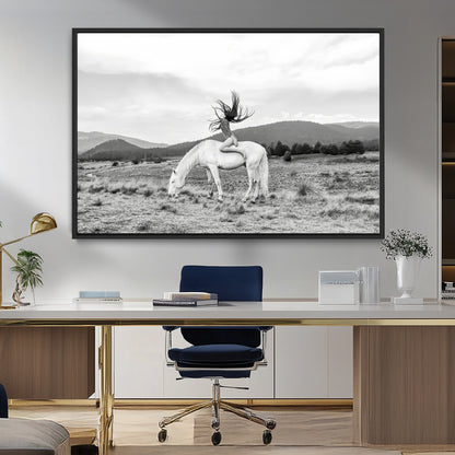 62789800-MGV-FC-36X24_Black-White Horse Wall Art Canvas Print, Framed Woman Rider Art Picture Print, Equestrian Pose Perfect Western Boho Decor Artwork