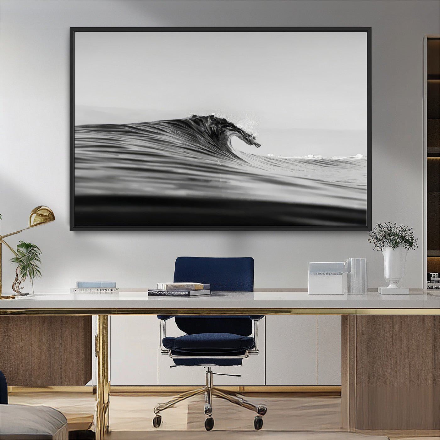 24029476-MGV-CV-36X24-Black Wave Wall Art Canvas Print, Framed Abstract Surf Art Picture Print, Minimalist Ocean Perfect Minimalist Coastal Decor