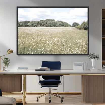 43258946-MGV-FC-36X24_Black-Daisy Field Wall Art Canvas Print, Framed Pastel Flower Art Picture Print, Meadow Bloom Perfect Scandinavian Minimalist Decor