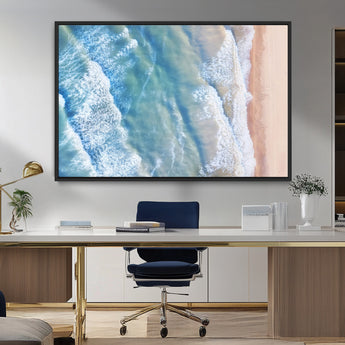 17641845-MGV-FC-36X24_Black-Aerial Ocean Wall Art Canvas Print, Framed Blue Waves Art Picture Print, Sandy Shoreline Perfect Modern Coastal Decor Artwork