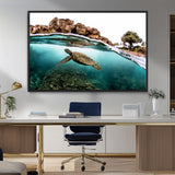 44200301-MGV-FC-36X24_Black-Sea Turtle Swim Wall Art Canvas Print, Framed Ocean Life Art Picture Print, Tropical Shoreline Perfect Tropical Coastal Decor