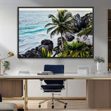 94669907-MGV-CV-36X24-Tropical Coastline Wall Art Canvas Print, Framed Palm Tree Art Picture Print, Rocky Beach Perfect Tropical Coastal Decor Artwork