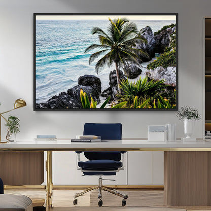 94669907-MGV-CV-36X24-Tropical Coastline Wall Art Canvas Print, Framed Palm Tree Art Picture Print, Rocky Beach Perfect Tropical Coastal Decor Artwork