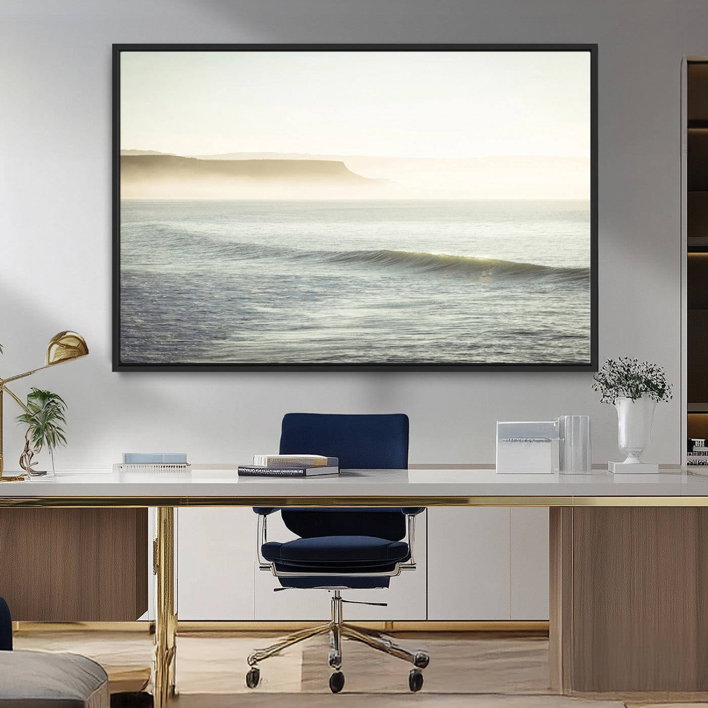 39310633-MGV-FC-36X24_Black-Coastal Cliffs Wall Art Canvas Print, Framed Misty Ocean Art Picture Print, Morning Light Perfect Minimalistic Coastal Decor