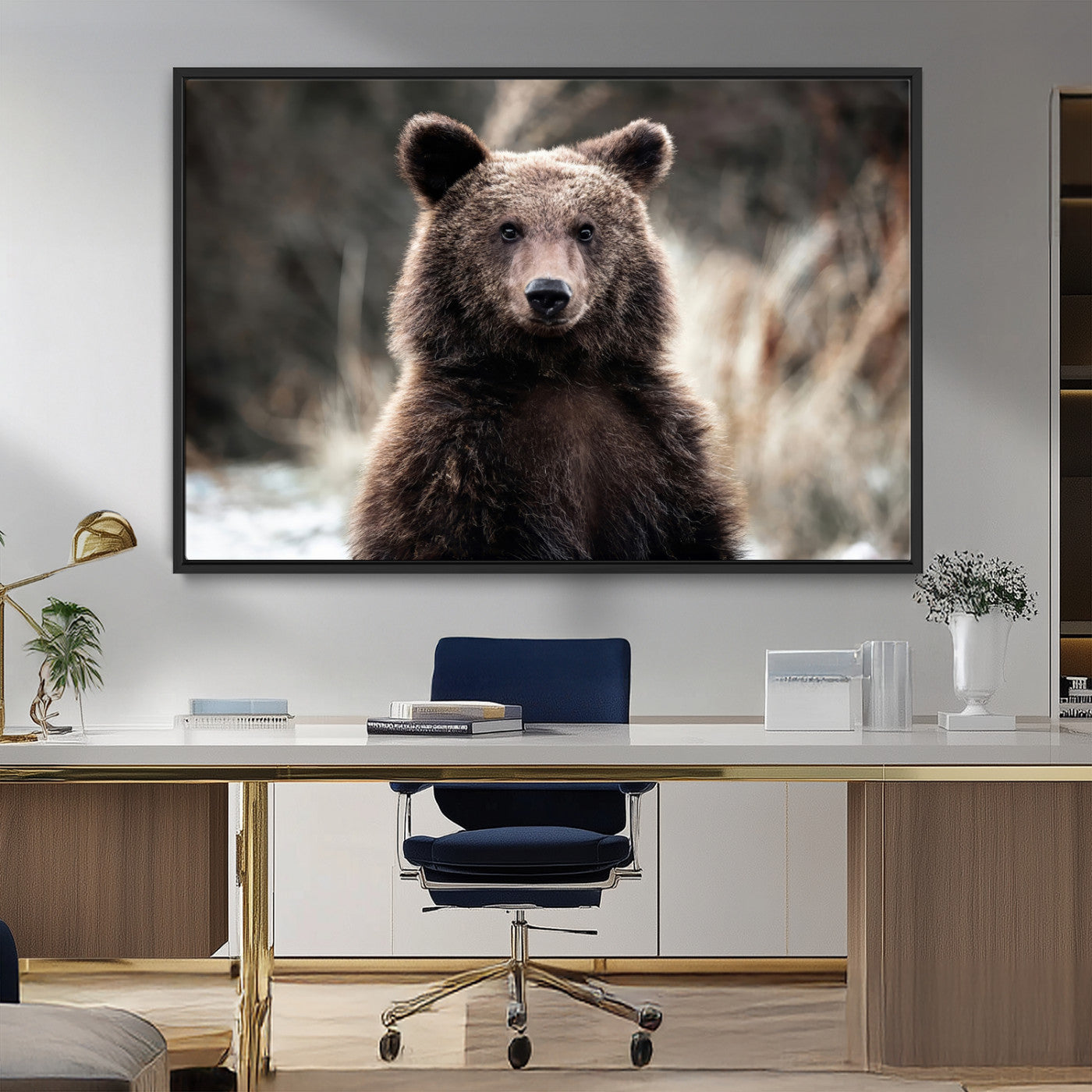 47112103-MGV-FC-36X24_Black-Brown Bear Wall Art Canvas Print, Framed Forest Wildlife Art Picture Print, Woodland Bear Perfect Rustic Cabin Decor Artwork