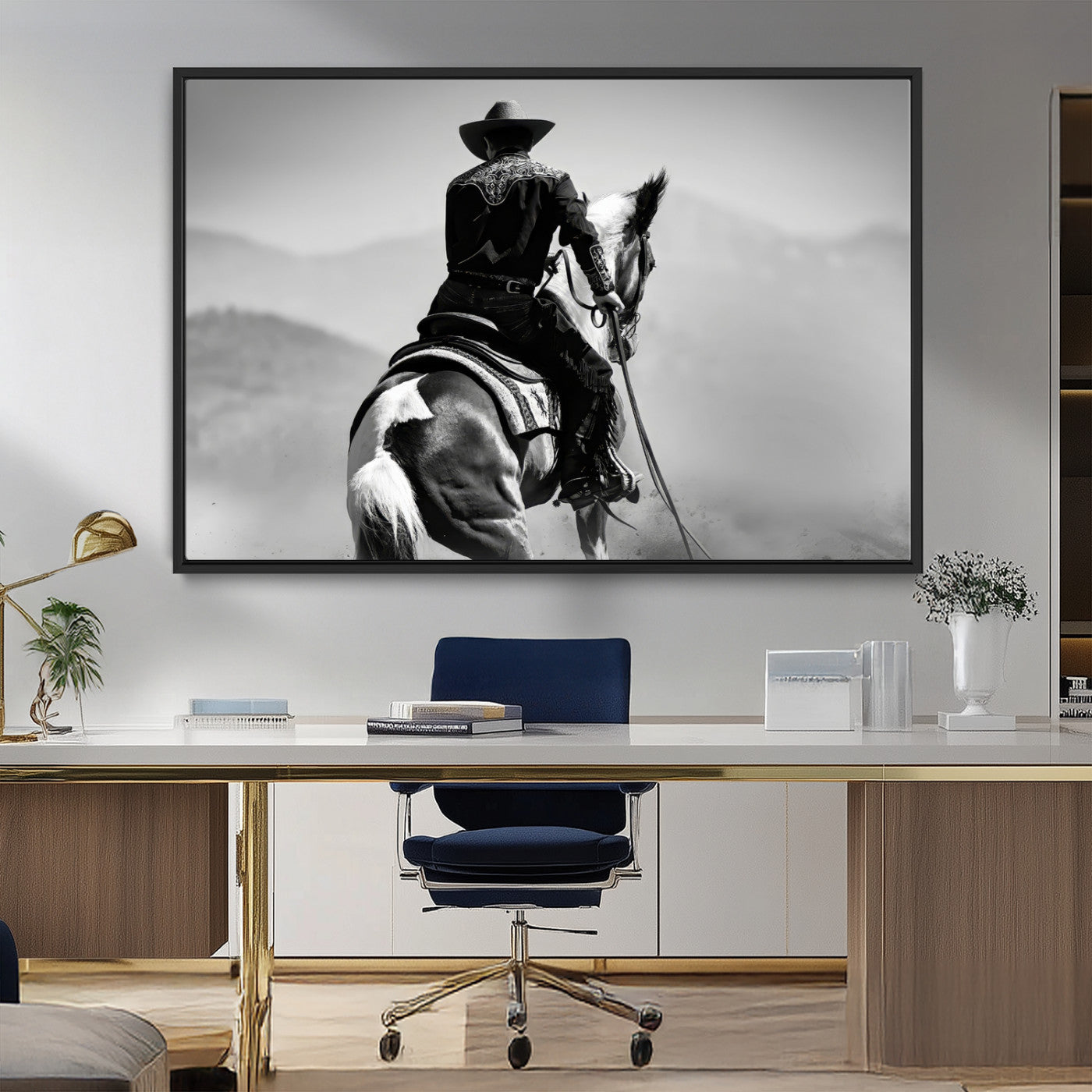 83102464-MGV-CV-36X24-Western Cowboy Wall Art Canvas Print, Framed Monochrome Horse Art Picture Print, Western Equestrian Perfect Rustic Western Decor