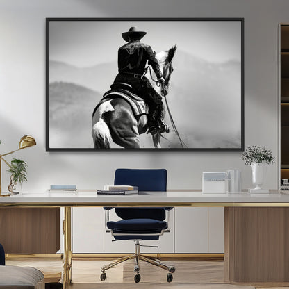 83102464-MGV-CV-36X24-Western Cowboy Wall Art Canvas Print, Framed Monochrome Horse Art Picture Print, Western Equestrian Perfect Rustic Western Decor