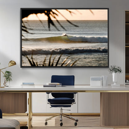 24896468-MGV-FC-36X24_Black-Sunset Surf Wall Art Canvas Print, Framed Golden Waves Art Picture Print, Tropical Ocean Perfect Tropical Boho Decor Artwork