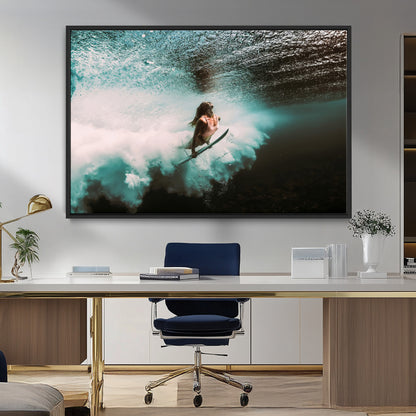85923512-MGV-CV-36X24-Aquatic Motion Wall Art Canvas Print, Framed Underwater Swimming Art Picture Print, Female Surfer Diving Perfect Coastal Boho