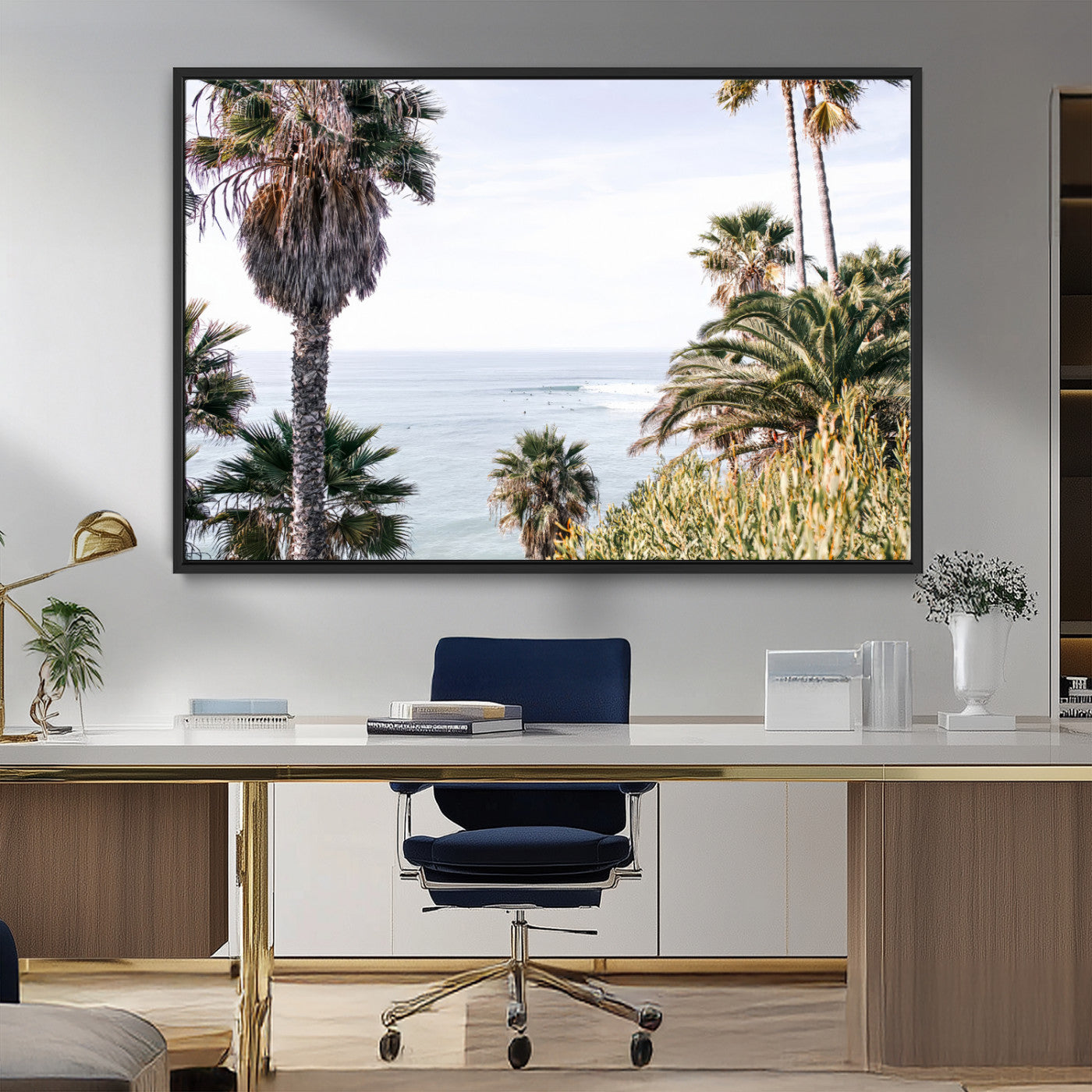 51404565-MGV-FC-36X24_Black-Palm Trees Wall Art Canvas Print, Framed Ocean Breeze Art Picture Print, Coastal View Perfect Tropical Coastal Decor Artwork