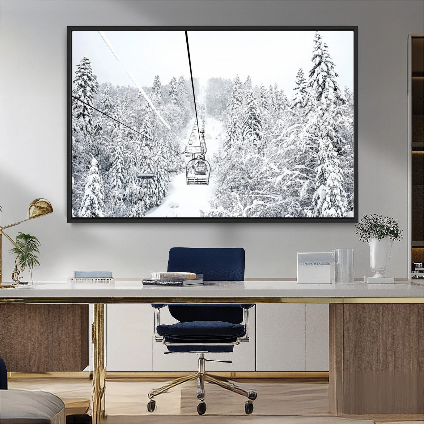 44705668-MGV-FC-36X24_Black-Winter Forest Wall Art Canvas Print, Framed Snowy Forest Art Picture Print, Ski Lift Perfect Scandinavian Decor Artwork
