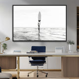 98446901-MGV-CV-36X24-Monochrome Surf Wall Art Canvas Print, Framed Minimalist Surfer Art Picture Print, Surfboard Silhouette Perfect Coastal Minimalist