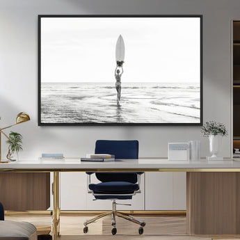 98446901-MGV-CV-36X24-Monochrome Surf Wall Art Canvas Print, Framed Minimalist Surfer Art Picture Print, Surfboard Silhouette Perfect Coastal Minimalist