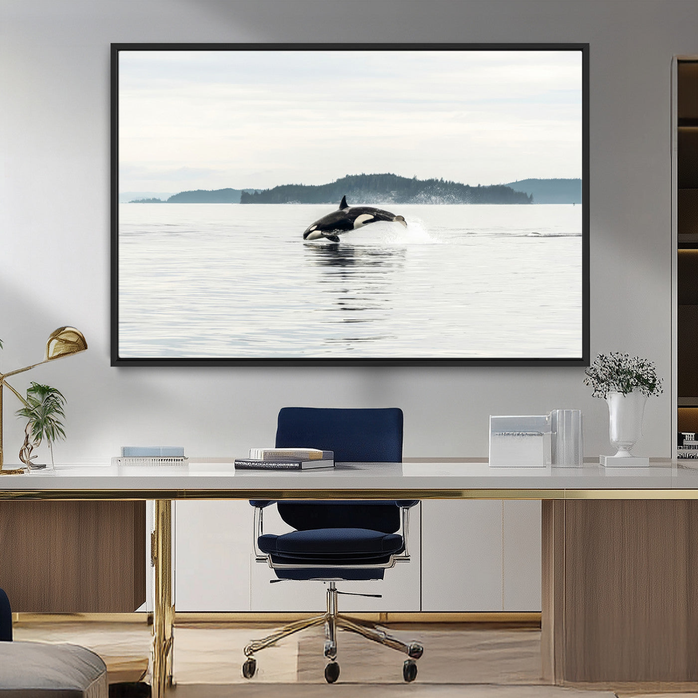 10157174-MGV-FC-36X24_Black-Orca Whale Wall Art Canvas Print, Framed Black White Whale Art Picture Print, Minimalist Ocean Perfect Coastal Minimalist Decor