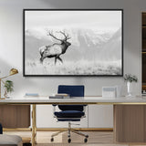 62278753-MGV-FC-36X24_Black-Monochrome Elk Wall Art Canvas Print, Framed Mountain Wildlife Art Picture Print, Rustic Nature Perfect Rustic Minimalist Decor