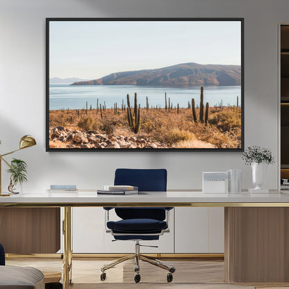 45193515-MGV-CV-36X24-Desert Cactus Wall Art Canvas Print, Framed Baja Coastline Art Picture Print, Coastal Desert Perfect Southwestern Minimalist Decor
