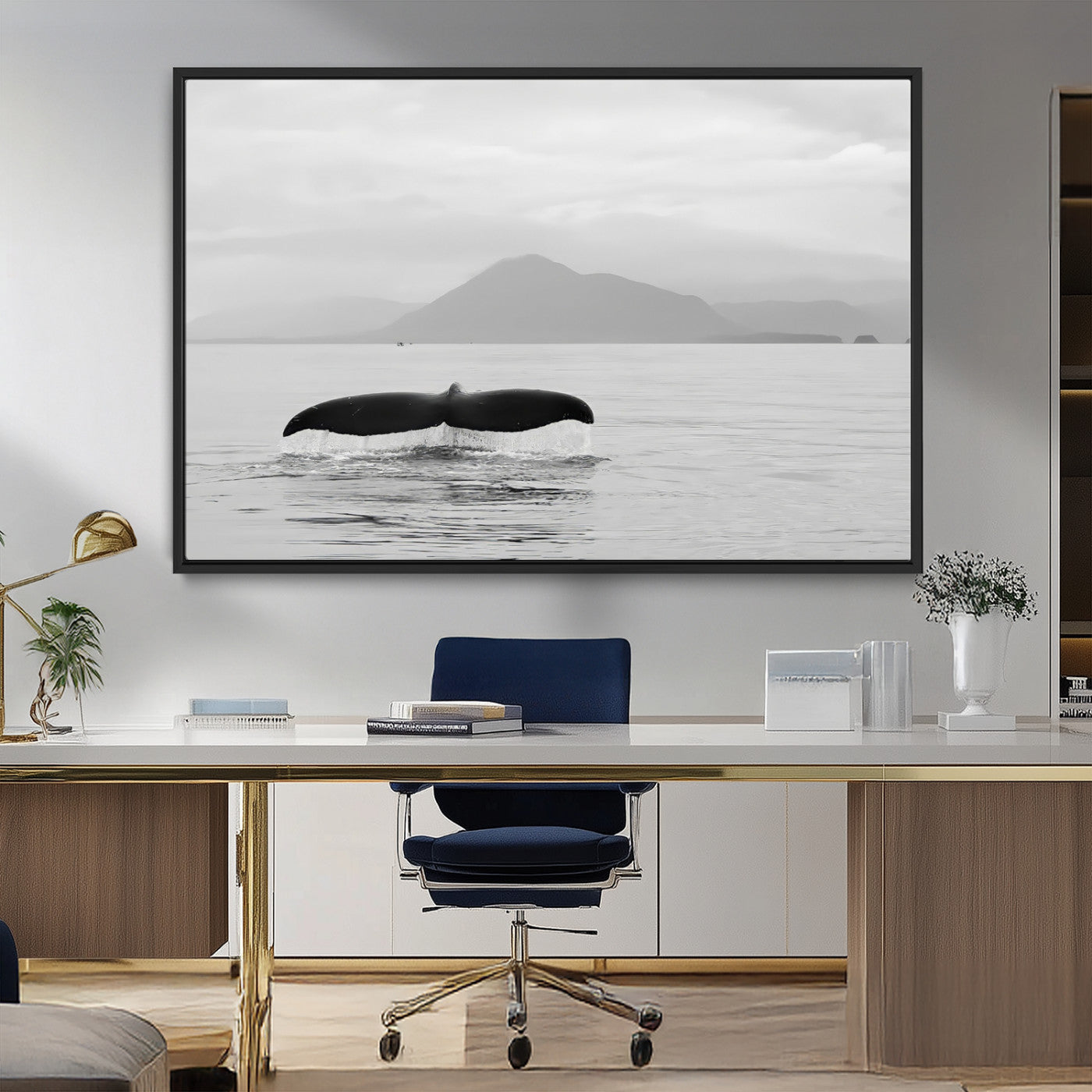 30524220-MGV-FC-36X24_Black-Whale Tail Wall Art Canvas Print, Framed Black White Ocean Art Picture Print, Calm Marine Perfect Minimalist Coastal Decor Artwork