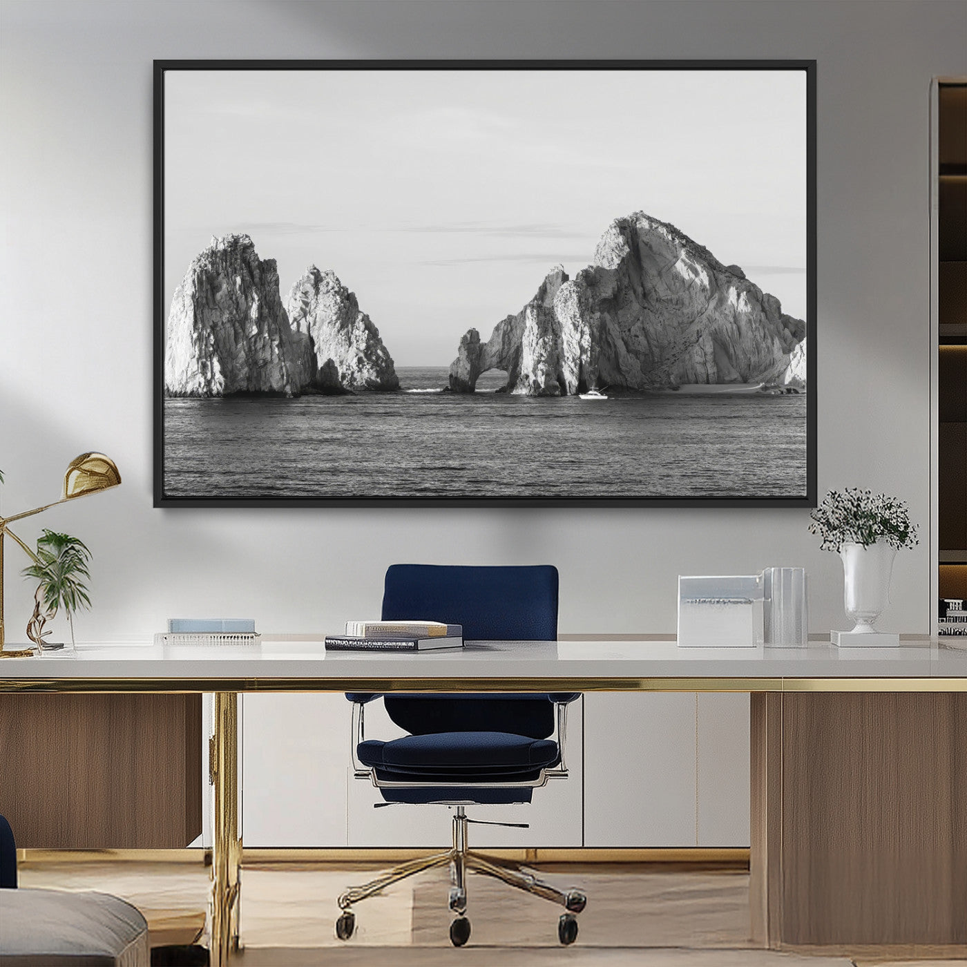 18810731-MGV-FC-36X24_Black-Rugged Coastline Wall Art Canvas Print, Framed Ocean Cliffs Art Picture Print, Monochrome Seascape Perfect Coastal Minimalist