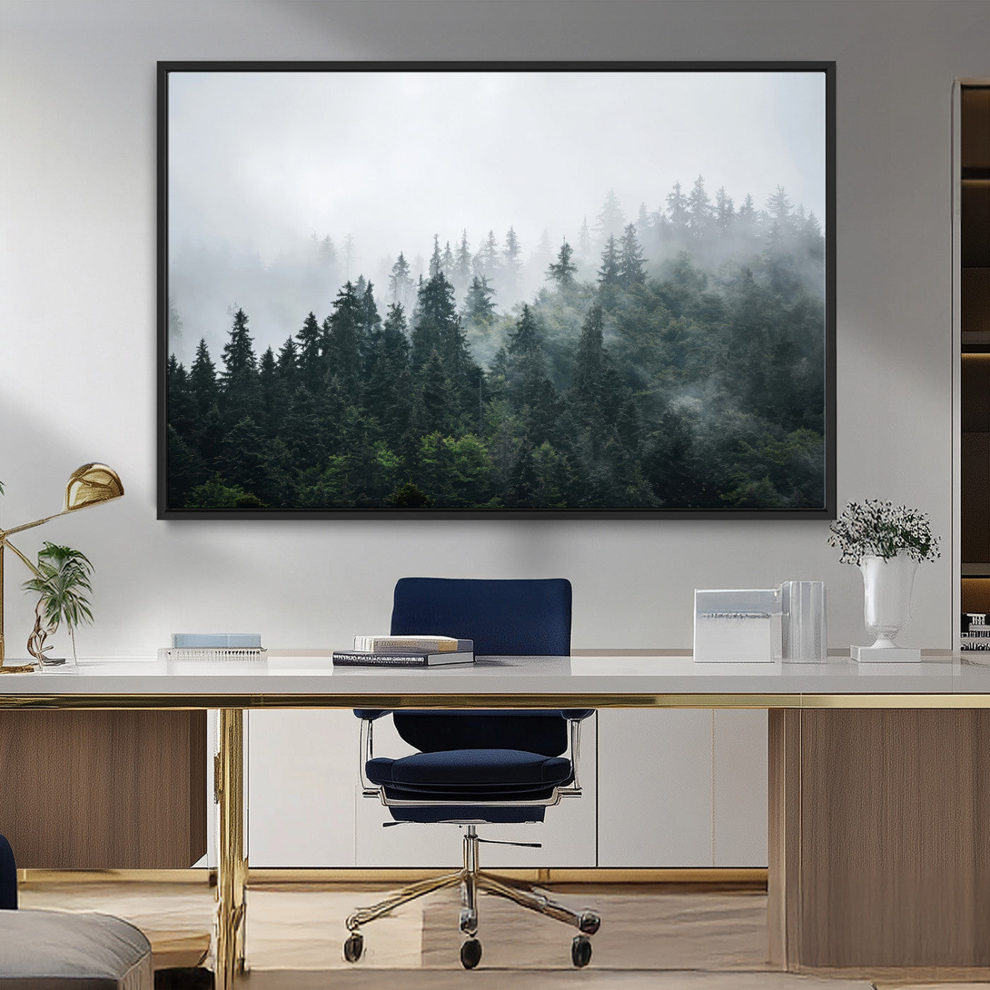 84146572-MGV-CV-36X24-Foggy Pine Trees Wall Art Canvas Print, Framed Forest Nature Art Picture Print, Evergreen Forest Perfect Scandinavian Minimalist