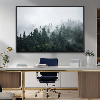 84146572-MGV-CV-36X24-Foggy Pine Trees Wall Art Canvas Print, Framed Forest Nature Art Picture Print, Evergreen Forest Perfect Scandinavian Minimalist
