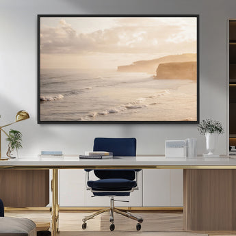 57669769-MGV-FC-36X24_Black-Misty Coastal Wall Art Canvas Print, Framed Golden Sunset Art Picture Print, Serene Shoreline Perfect Tranquil Coastal Decor